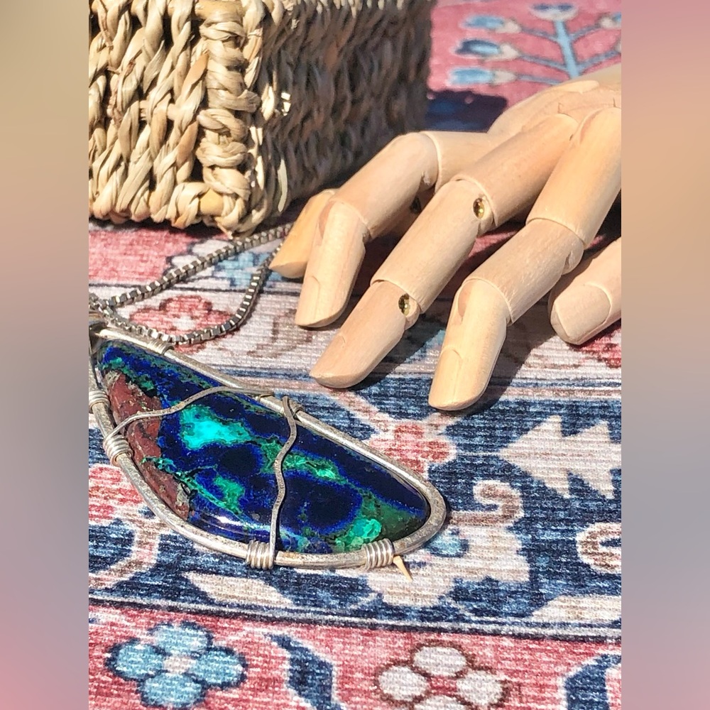 Handcrafted Silver Inlaid Chrysocolla Mineral Necklace - Picture 10 of 14